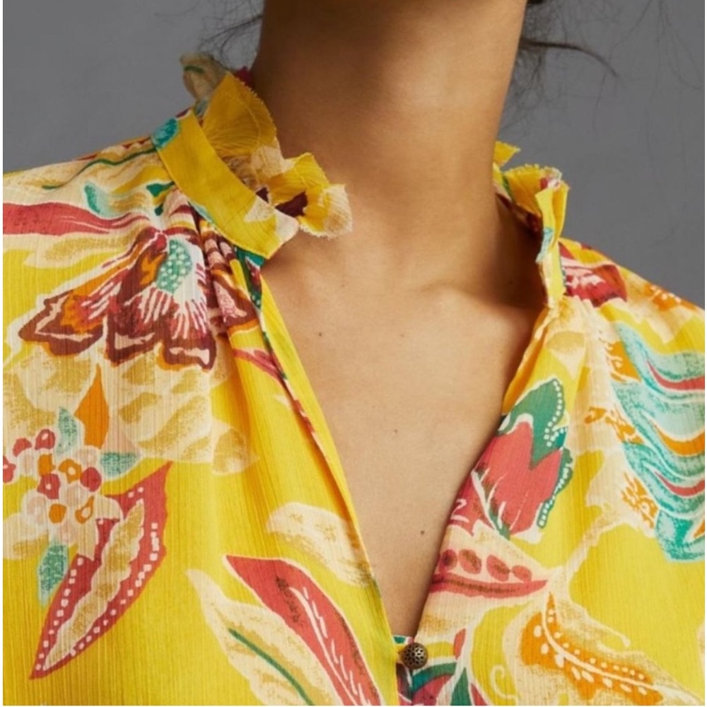 Anthropologie Yellow Floral Button-Up Blouse - Picture 4 of 15